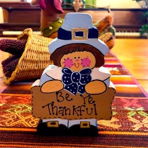 Hand painted wooden Pilgrim figurine Be ye Thankful in blue black white and tan